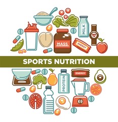 Fitness food poster of sports healthy diet food nutrition icons.