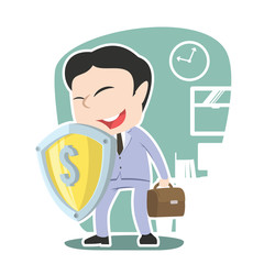 Asian businessman holding money shield– stock illustration