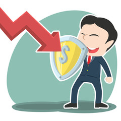 Asian businessman blocking down graph with shield– stock illustration