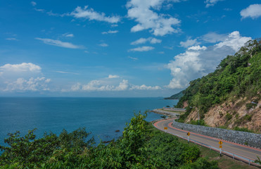 Beautiful curved road by the sea, Chalern Burapha Chonlathit Highway, Chanthaburi, Thailand.  
