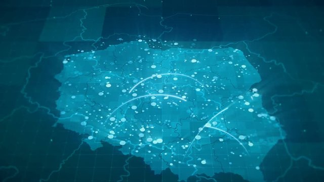 This animated blue Poland map with connections between important centers of cities or other indicators. Perfect For: hi-tech promotion, dynamic slideshows,, trailers, sci-fi openers and etc.