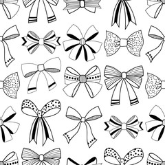 Bows. Black and white illustration, seamless pattern for coloring pages. Decorative and festive background.