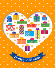 Birthday greeting card with gift boxes. Vector. Happy holiday template. Invitation decoration colorful background. 