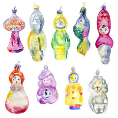 Festive, New Year, Christmas, family toys. Cheerful, old, Christmas decorations. Decorative decoration for Christmas and New Year's tree. Merry, beautiful, happy garland. Watercolor. Illustration