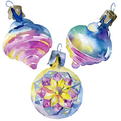 Festive, New Year, Christmas, family toys. Cheerful, old, Christmas decorations. Decorative decoration for Christmas and New Year's tree. Merry, beautiful, happy garland. Watercolor. Illustration
