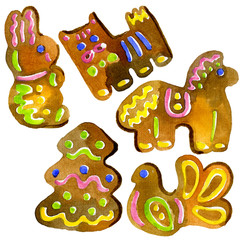 Religious holiday of Easter. People's faith. Congratulatory biscuits, gingerbread, cookies. Tasty, fragrant figures. Aromatic cooking. Watercolor. Illustration