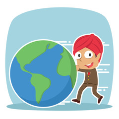 Indian businessman pushing earth– stock illustration