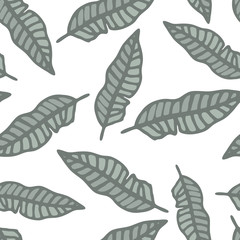 Tropical background with gray hand drawn palm leaves on white. Tropic seamless pattern. Vector illustration.