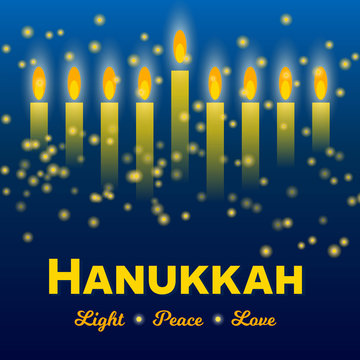 Happy Hanukkah greeting card, lights on dark. Hanukkah party poster template or social media banner. Starry night sky background bokeh.   