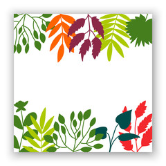 Floral card with tree branches, plants, flowers on white background. Vector illustration.