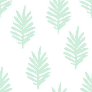 Cute floral background with green hand drawn leaves, branches on white. Tropic seamless pattern. Vector illustration.