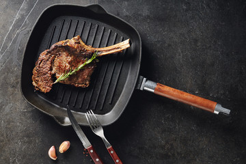 Veal Ribs Barbecue with Rosemary on Grilled Pan