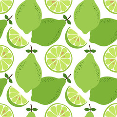 Cute hand drawn seamless pattern with lime citrus fruit and slices isolated on white background