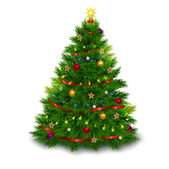 A bushy decorated Christmas tree on white background