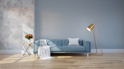 Modern loft and vintage interior of living room, Blue sofa with gold lamp on wood flooring and blue wall  ,3d rendering