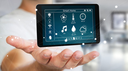 Businessman using smart home remote device 3D rendering