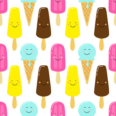 Cute seamless pattern with funny cartoon characters of ice cream with pink cheeks and winking eyes on white background