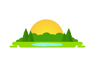 Icon of the island of wild nature: fir-tree, trees, lake 