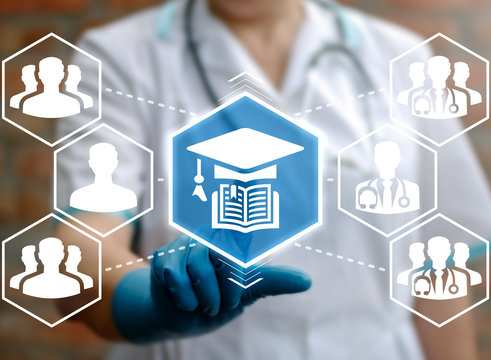 Online Education Healthcare concept. Training and Learning Medicine Technology. Medical nurse using virtual touchscreen presses book graduation cap button.