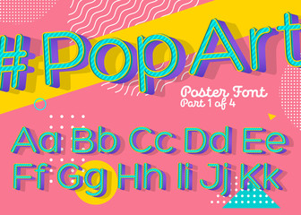 Vector Font in Pop Art Style. Colorful Funny Retro Type with 3D Perspective Effect. Urban ABC for Advertising. Vintage Letters. Pop Culture. Trendy Cartoon Style for Poster Art.
