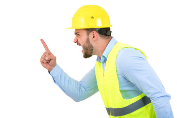 Angry builder or constructor yelling at somebody as fury concept isolated on white background with copyspace