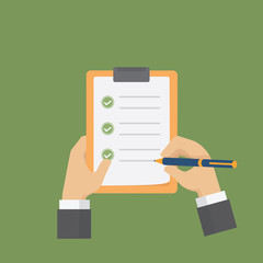 Businessman holding a clipboard and filling a checklist form. Flat survey/checklist illustration