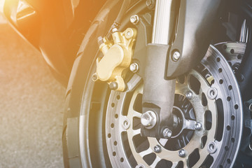Close up of braking mechanism on motorcycle