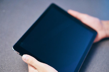 Hands, tablet, screen, monitor, sensor, touch, woman, desk