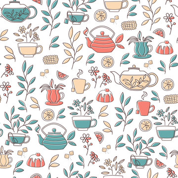 Pattern with Hand Drawn Tea Accessories.