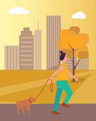 Girl Walking Dog in Park on Vector Illustration