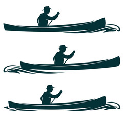 man in canoe boat side view vector design set