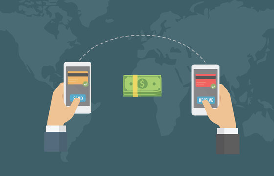 Online Money Transfer Around The World Illustration. People send money online to another with smartphone