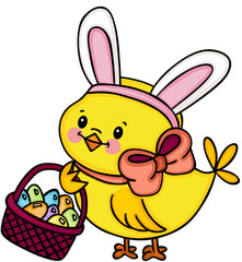 Chick with bunny ears holding basket with easter eggs
