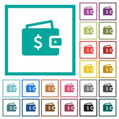 Dollar wallet flat color icons with quadrant frames