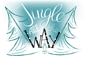 Jingle all the way. Merry Christmas card with brush calligraphy. New Year background with silhouette of bell and hand draw lettering. Design element for seasonal posters. Colorful vector design.