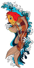Fototapeta premium koi carp gold fish swimming upstream. Vector illustration tattoo style drawing
