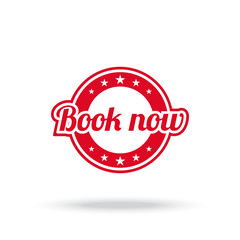 Book now label. Red color, isolated on white. Vector illustration.