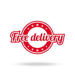 Free delivery label. Red color, isolated on white. Vector illustration.