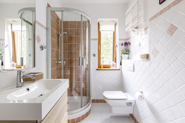 Shower in small white bathroom - Powered by Adobe