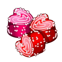 Cakes in form of hearts with confiture. Romantic delicious homemade pastries for Valentines Day. Vector illustration in cartoon style isolated on white background