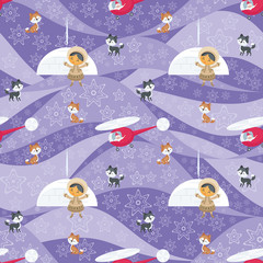 Naklejka premium Christmas seamless pattern with the image of Santa Claus, Eskimo people and husky dogs. Vector background.