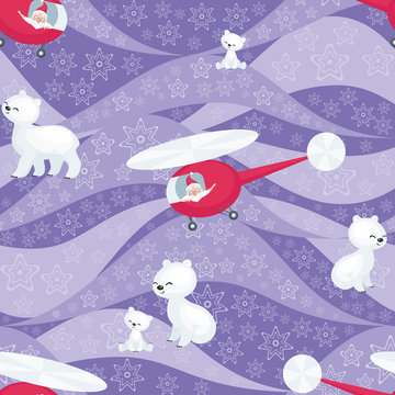 Christmas seamless pattern with the image of Santa Claus and cute polar animals. Vector background.