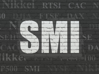 Stock market indexes concept: Painted white text SMI on Black Brick wall background with  Tag Cloud