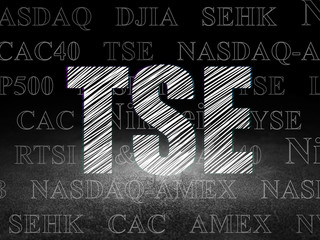 Fototapeta premium Stock market indexes concept: Glowing text TSE in grunge dark room with Dirty Floor, black background with Tag Cloud