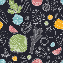 Scandinavian style seamless pattern. Linear graphic. Vegetables background. Healthy food. Vector illustration