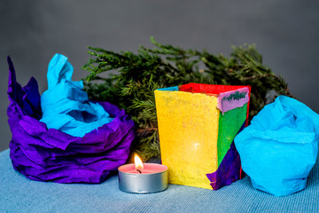 Christmas composition with candle. hand made christmas paper candle craft