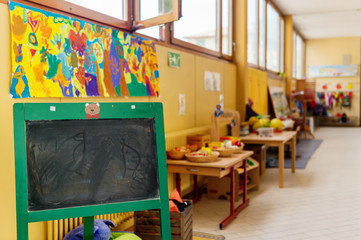 Hallway in primary school, recreation area with toys