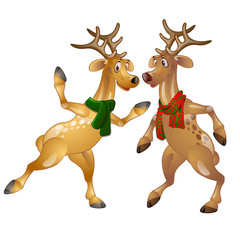 Figures of dancing Christmas deer in scarves. Funny cartoon animal in expressive character. Vector isolated on white background