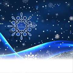 Fototapeta na wymiar Vector greeting poster for Merry Christmas holiday with blue snowflake cut from paper, shadow, wave, snowfall on the gradient dark red background.