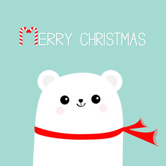 Merry Christmas Candy cane. Polar white bear cub head face wearing red scarf. Cute cartoon smiling baby character. Arctic animal collection. Flat design. Winter blue background.
